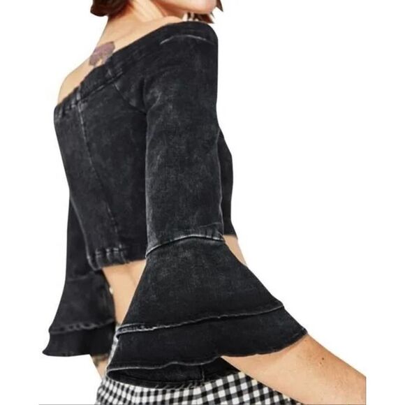 Zara EUC Denim Cropped Off Shoulder Top Ruffled Sleeves Size S - Picture 5 of 15